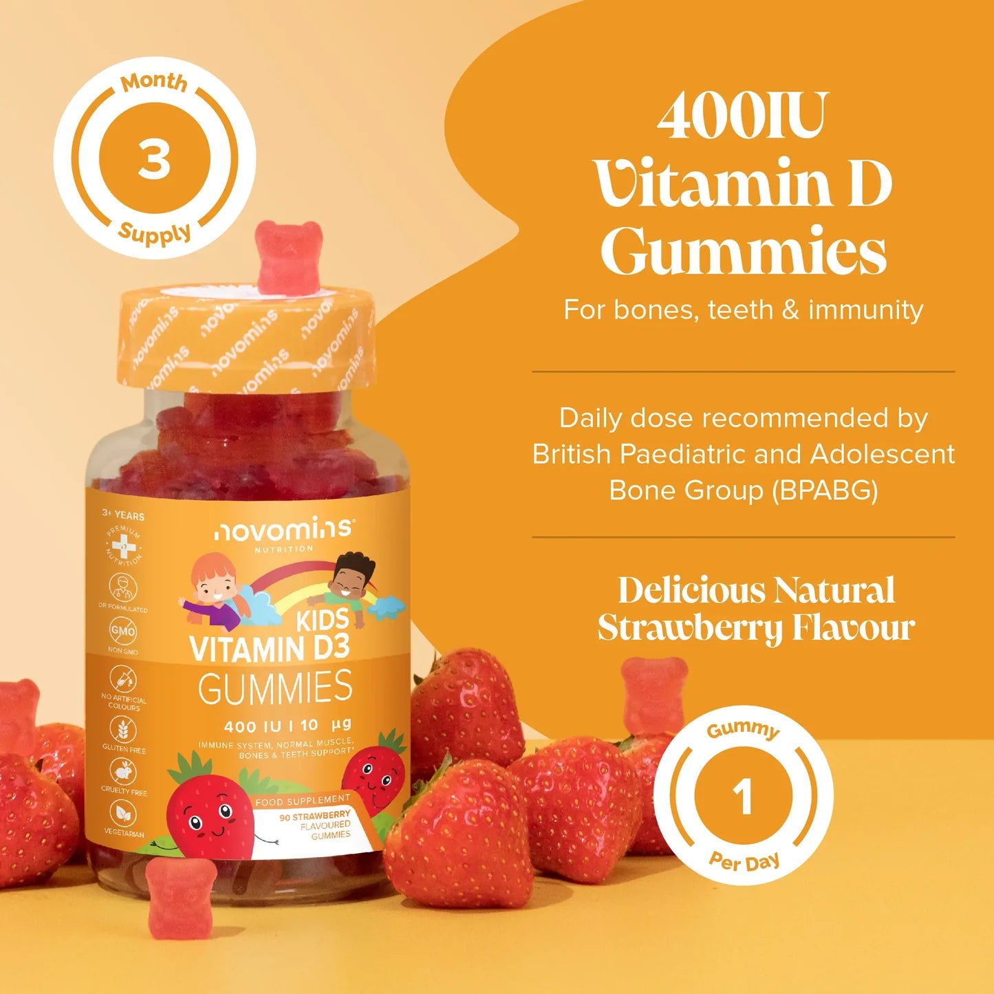 Novomins - Kids Vitamin D3 Gummies Strawberry - 3+ Years - 90 Pack